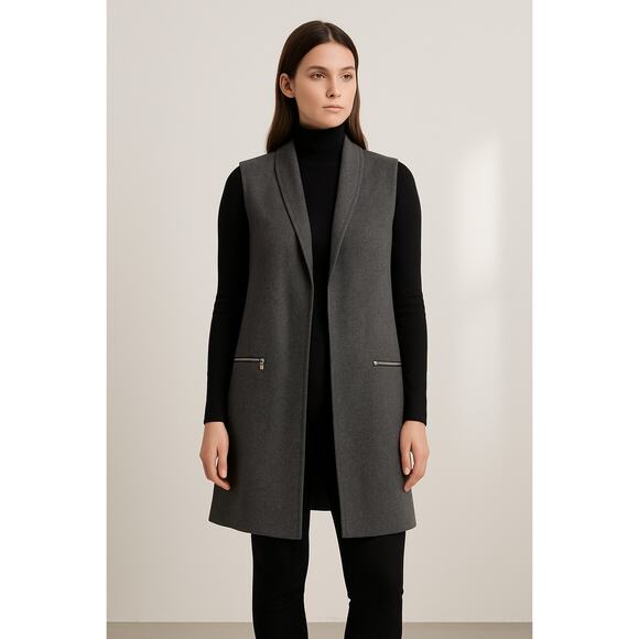 Tahari Gray Merino Wool Vest Size L | Longline Sleeveless Jacket - Picture 1 of 5